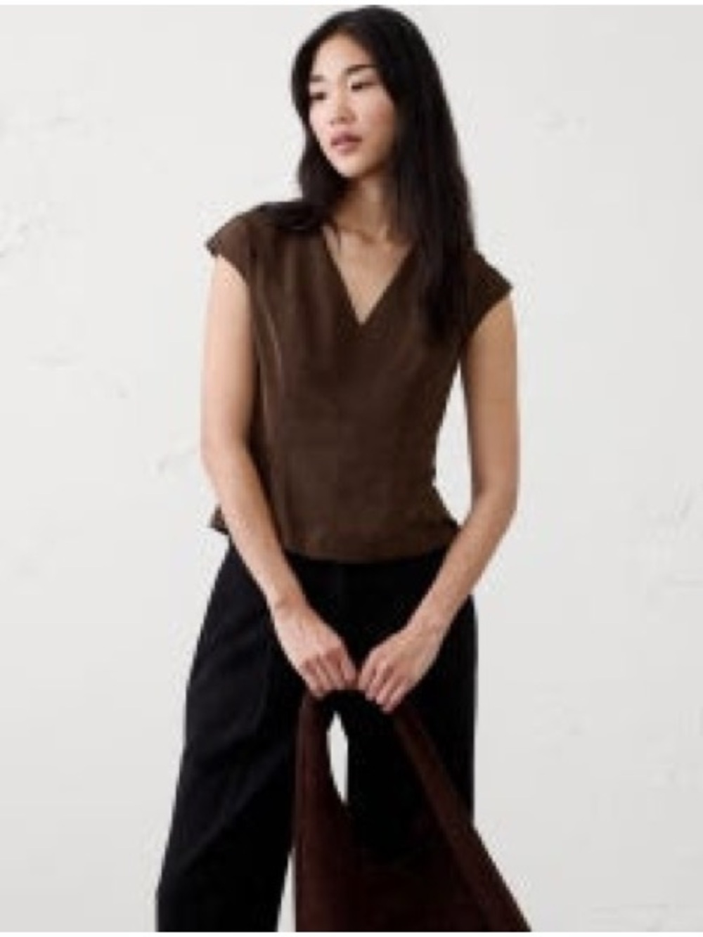 Banana Republic Seamed Hourglass Dark Oak V-Neck Cap Sleeve Top
